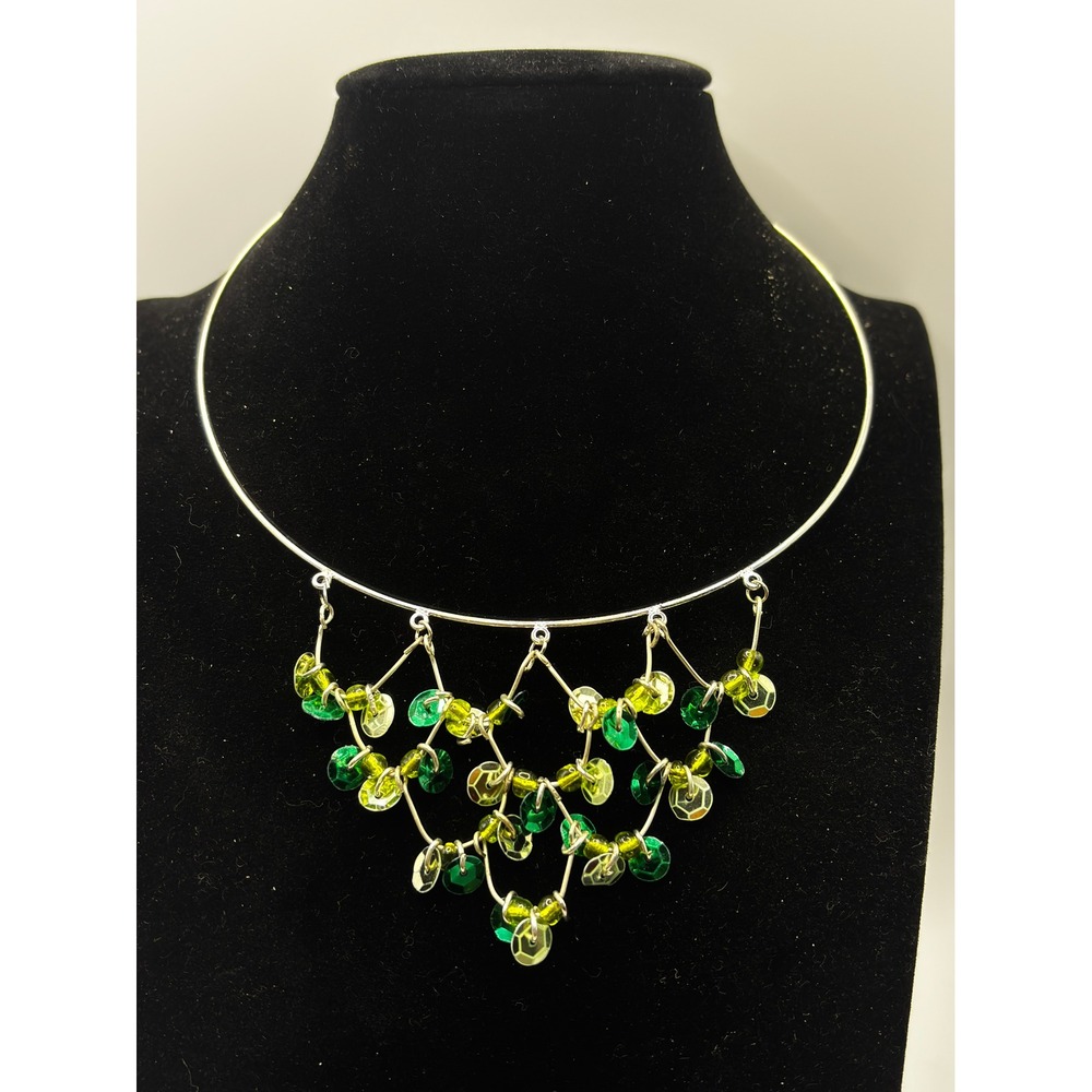 SO Beaded Sequin Bib Collar Necklace Womens OS Green Silver Tone Torque Choker